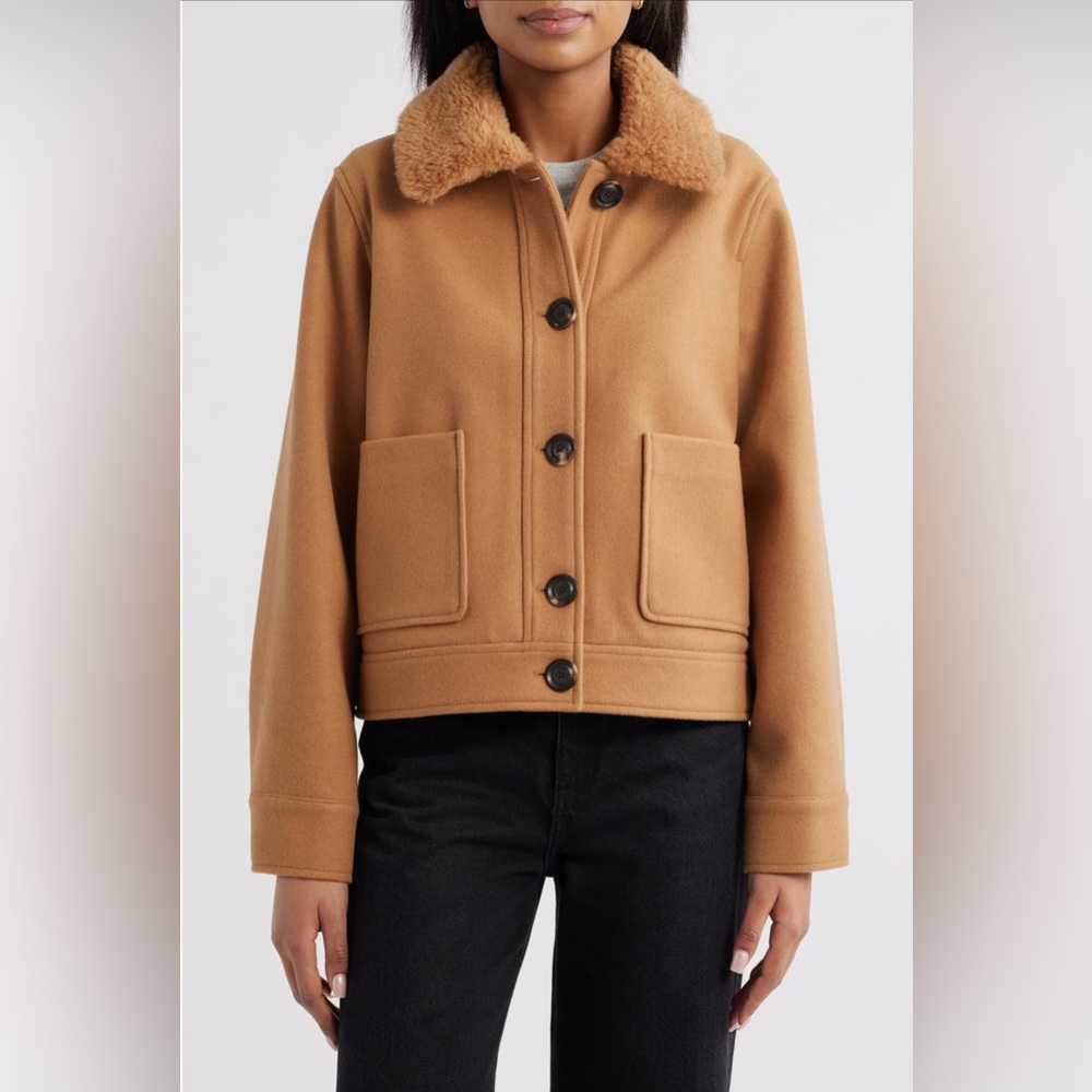 Sam Edelman Crop Jacket with Faux Shearling Collar in Camel